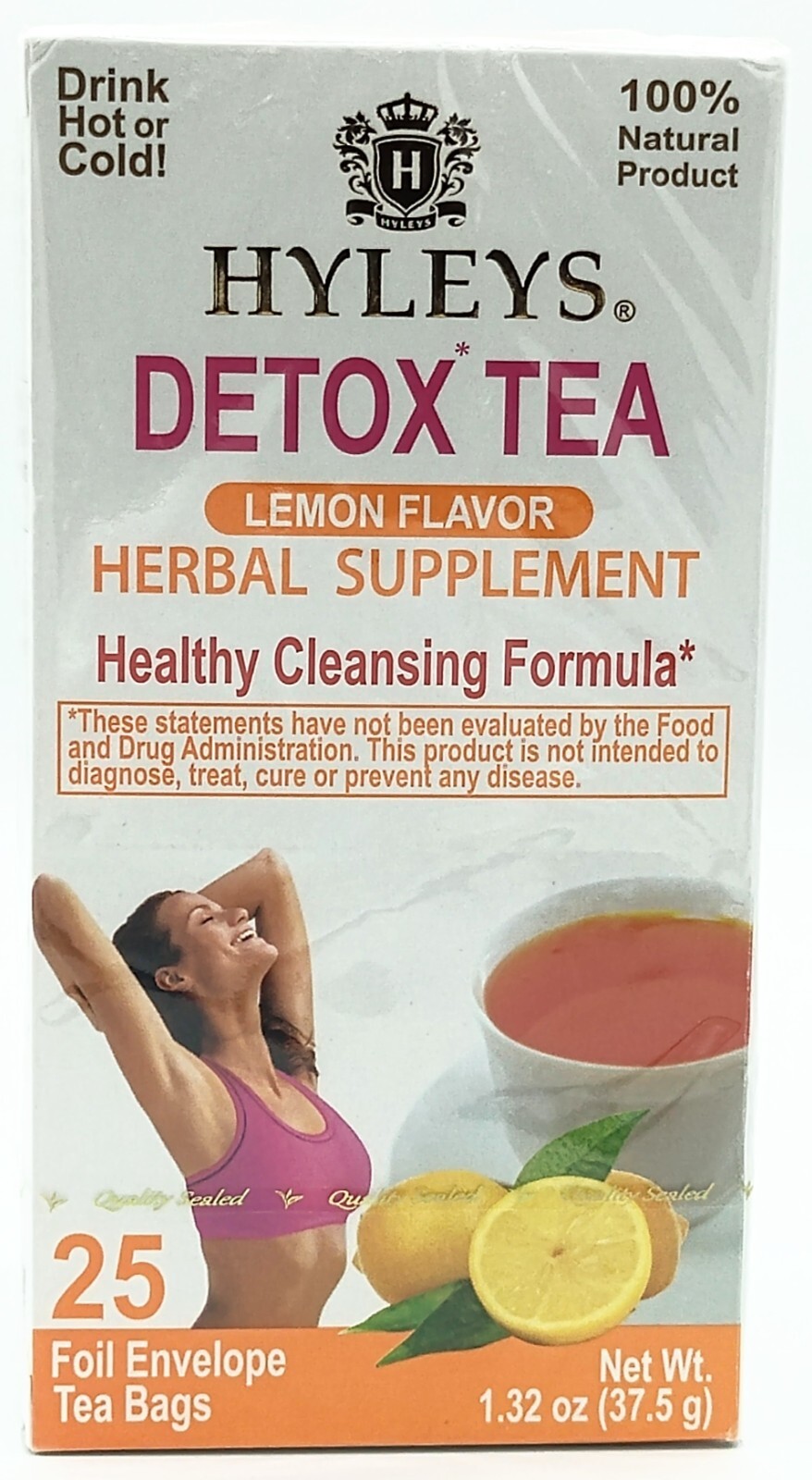 Hyleys Detox Herbal Tea Supplement Lemon Flavor 25 Tea Bags Exp 9/2024