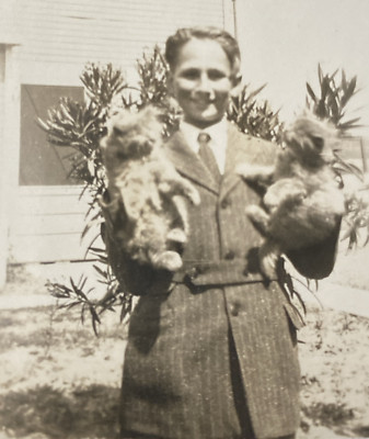 1920s Boy Smiling While Holding Two Kittens Kitties Cats Original Photo P17z52