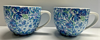 2 Lilly Pulitzer Blue Floral 3.25'' Coffee Tea Cup Mug Cat Tiger Cappuccino