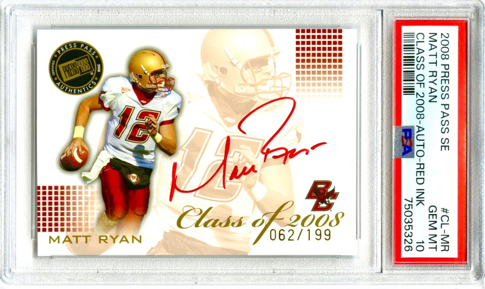 Matt Ryan Press Pass Se Class of 2008 Autograph #CLMR Red Ink