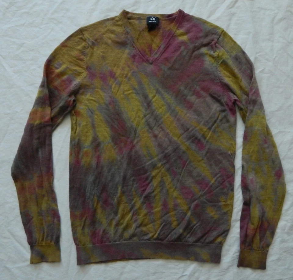 Tie Dye Yellow Purple Gray Wool V-Neck Sweater - Large Mens Hand Made - Image 2 of 4