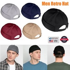 Men Retro Brimless Hat Skull cap Sailor Cap Beanie Rolled Cuff Adjustable Solid