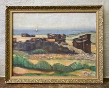 Ölbild Impressionist Fischerhütten am Meer Strand Segelboot Schweden Mid Century