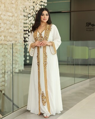 Dubai Abaya Golden Work Beach Kaftan Farasha Moroccan Caftan Arabic Fancy  Dress | eBay