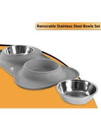 Pet Double Bowl Water Feeder Stainless Steel Puppy or cat Food GRAY Small Size
