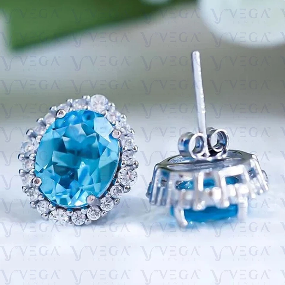 Серьги-гвоздики из натурального топаза и бриллианта овальной формы 5,50 карата с покрытием из белого золота 18 карат - Изображение 4 из 4