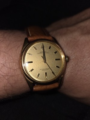 ''Vintage 1950s Rolex Oyster Perpetual 6567 18k Gold Dauphine Block Markers Runs''