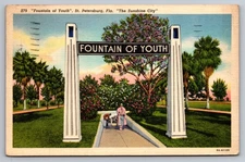 Fountain of Youth St. Petersburg FL – Jacaranda Trees – 1939 Linen Postcard