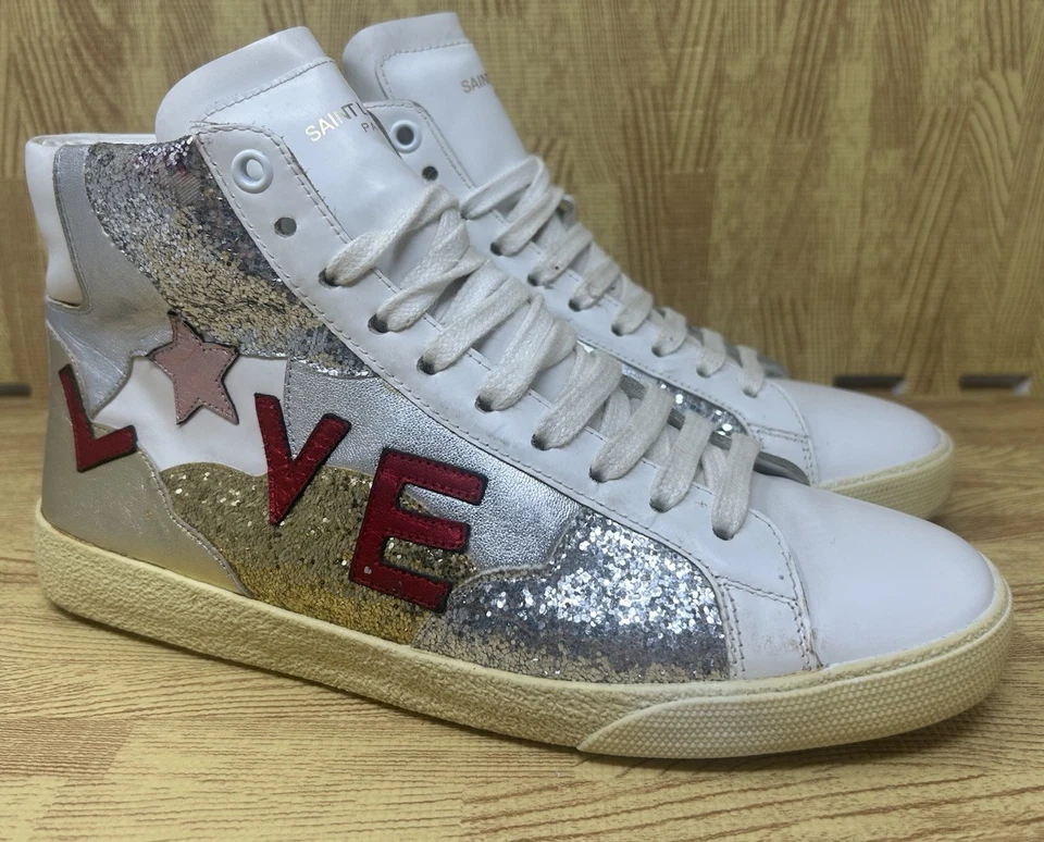 Zapatillas deportivas Saint Laurent Paris Love para mujer 8/38,5 Mid Top cuero blanco brillo Foto 2 de 4