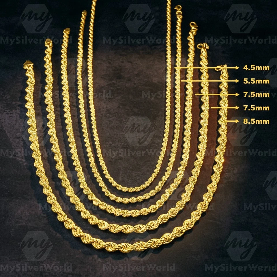 Cadena de cuerda enchapada en oro de plata de ley 925 - Collar retorcido para hombre todos los tamaños Foto 3 de 4