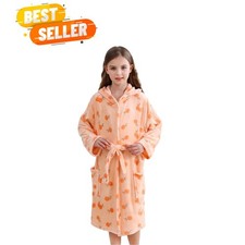 Girls Fleece Hooded Robe, Soft Unicorn Bathrobe for Kids 5-14