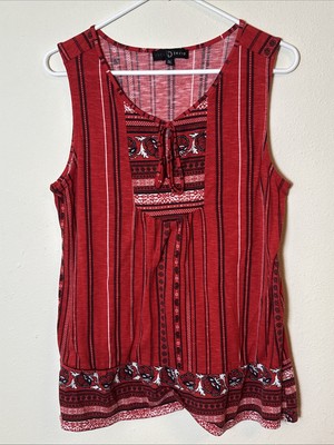 Fred David Red Boho Sleeveless Top Tassel Neck Striped Floral Print Size L