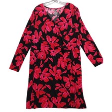 Nine West 2X Wrap-style Dress Black Pink Floral Long Sleeve