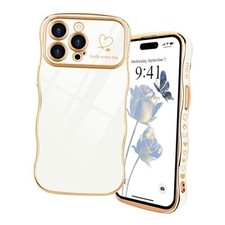 for Case Girls Women Cute Curly Wave Frame Case with Love iPhone 15 Pro White