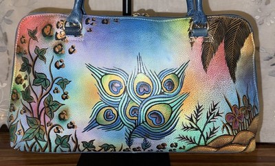 Biacci Leather Hand-painted with Peacock, Feathers and Floral Handbag/Purse