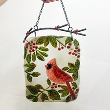 Red Cardinal Artisan Suncatcher Metal Decor Hanger 9" X 7" Holly Branch Glass