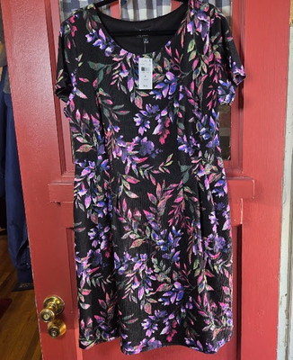 Connected Apparel Women's Black Multicolor Floral Short Sleeve Midi Dress Size L