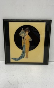 Erte Style Art Deco Woman with Peacock Fan Framed Ceramic Art Tile 13x13
