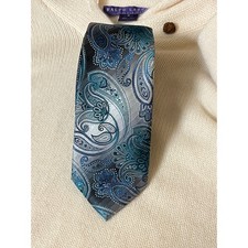 Bespoke New York Necktie Paisley Polyester Shiny Premium Blue Silver Gray