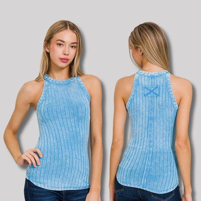 Women's Washed Crew Halter Neck Soft Stretch Rayon Ribbed Tank Sleeveless Top