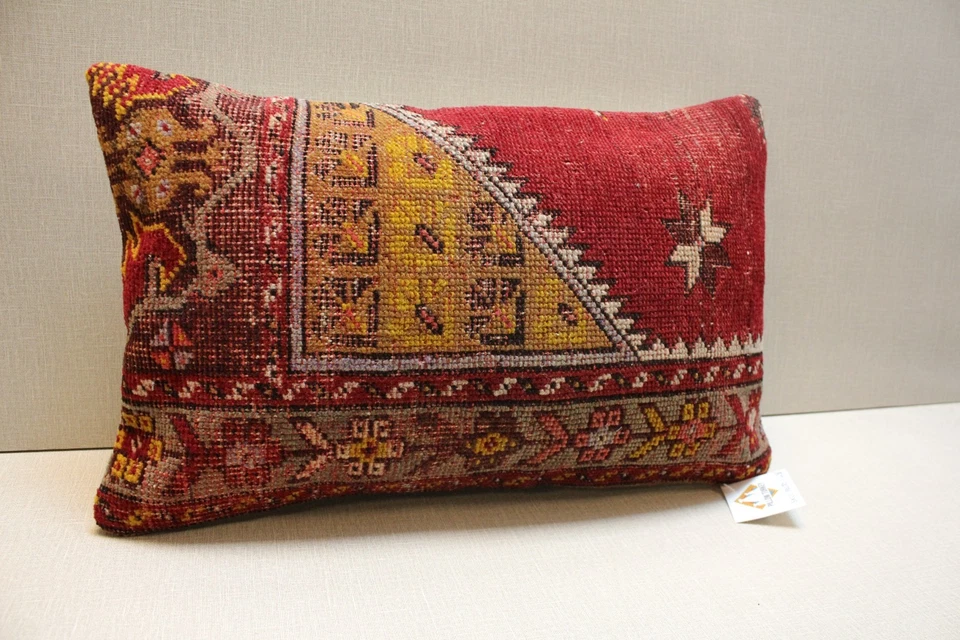 Vintage Turkish Kilim Pillow Cover 12x20 Red Yellow Tribal Rug Cushion Handmade - Image 4 of 4