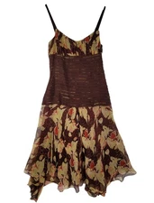 NWT Max Studio Vintage Brown & Yellow Floral Silk Chiffon Dress Fairy Y2K Size 4