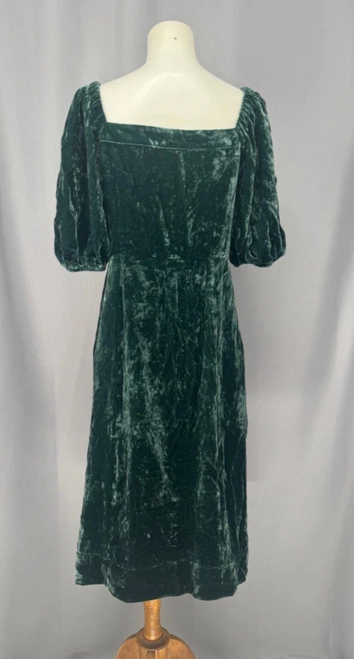 Vestido J.Crew Mujer 6 Verde Terciopelo Botón Manga Abullonada Midi Renacimiento Pradera Foto 2 de 4