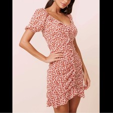 ASTR The Label Orange and White Floral Ruched Ruffle Dress Small