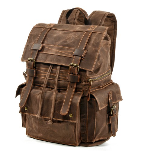 Vintage Water Resistant Waxed Canvas Flap Drawstring Backpack Day Travel Hiking - Picture 7 of 16