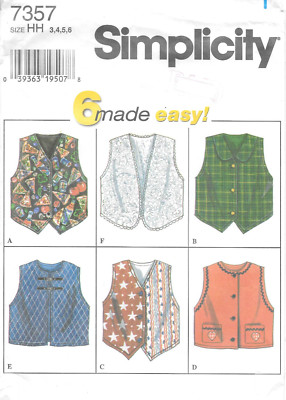 Uncut Simplicity Sewing Pattern 7357 Child's Girls Vests in Six Styles Size: 3-6