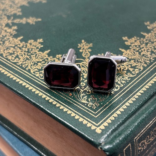 New Garnet Rede Emerald Cut Glass Gemstone cufflinks stainless steel LL-216 - Picture 2 of 4