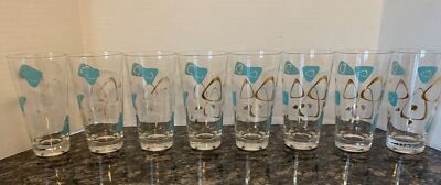 8 Federal ATOMIC Boomerang Amoeba Turquoise & Gold Drinking Glasses/Tumblers MCM