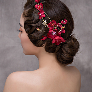Fashion Bridal Wedding Red Flower Crystal Gold Branch Hair Band