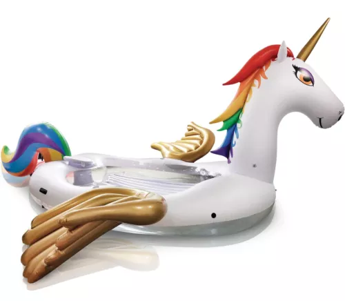 Unicorn Inflatable Floating River/Lake 5-Person Party Island w/Cooler, Rainbow