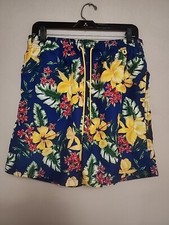 Lands End Men's Swim Shorts Floral Hawaiian Trunk Blue Yellow M trunks Tropical
