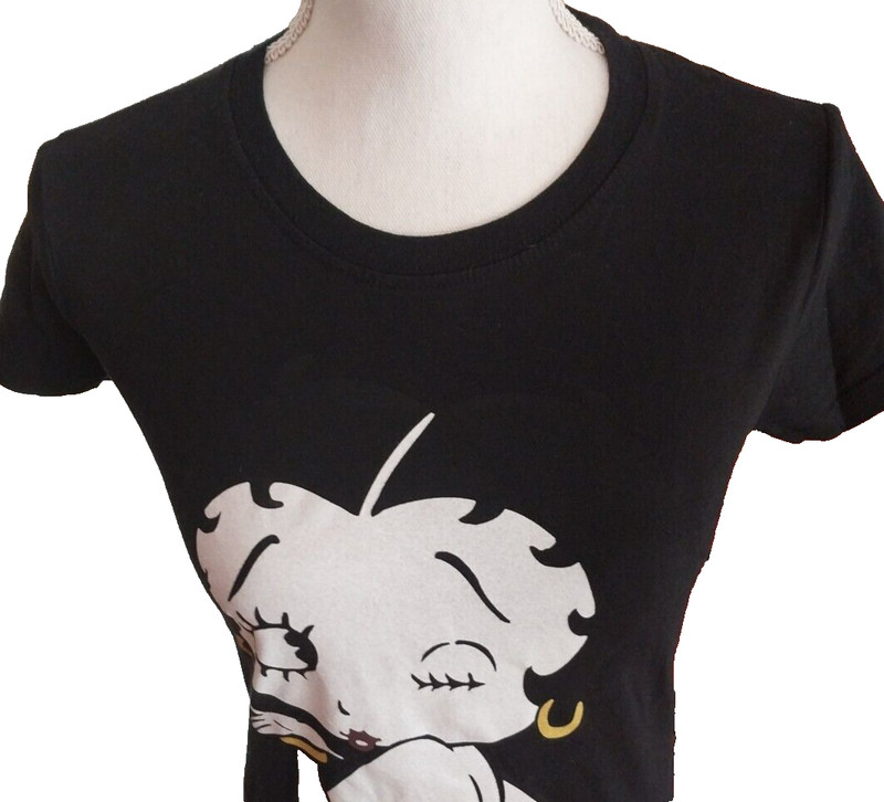POPULAR SPORTS Woman Fit Size L BETTY BOOP Kiss Shiny Lips Black T-Shirt