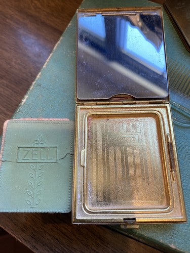 Vintage ZELL Ladies Powder Rouge Mirrored Make Up Compact Comb Holder Set Brass - Picture 6 of 12