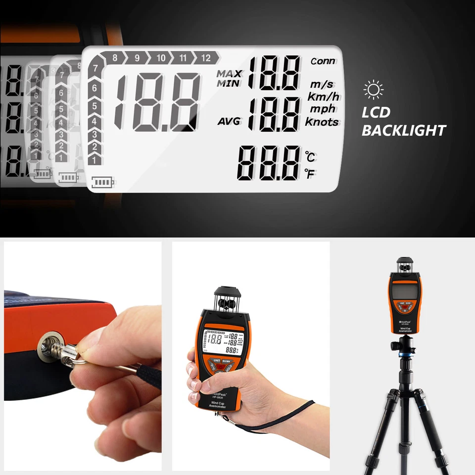 Digital Wind Speed Meter Handheld Cup Anemometer Air Velocity Gauge Thermometer - Image 3 of 4