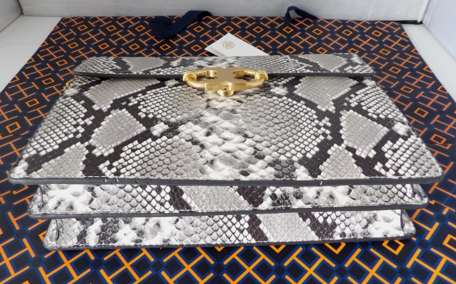 Borsa in pelle nuova con etichette autentica TORY BURCH GEMINI LINK catena stampa serpente in rilievo med