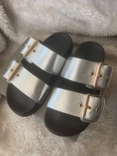 Image of AllSaints Sian Leather Buckle Metallic Sandals, Silver Size UK4 EU37