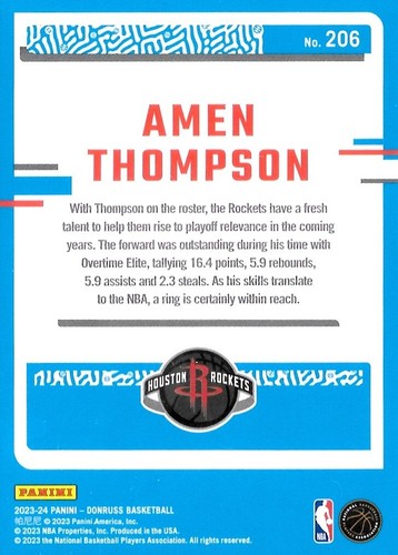 2023-24 Panini Donruss - Rated Rookie Amen Thompson #206 (RC) - Houston Rockets - Picture 2 of 3