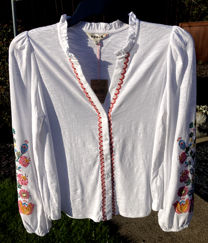 BODEN Embroidered Frill Neck Blouse size 16 T1773 white & floral embroidery b49a
