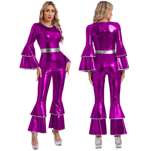 Damen 70er Disco Hippie Kostüm Glänzender Jumpsuit Einteiliger Overall Karneval - Bild 40 von 52