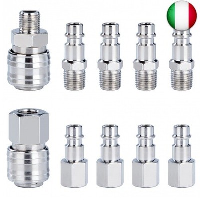 10 Attacchi Rapidi Aria Compressa 1/4" NPT - Set Completo Maschi E Femmine Per Compressori