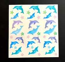 9 mod DOLPHIN SEA ocean SANDYLION vintage UNCUT sticker PRISM prismatic glitter