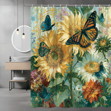 Butterfly Sunflower Shower Curtain Floral Art Print
