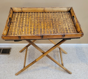 Vintage Tortoise Shell Bamboo Folding Side Table TV Tray 24x15 Functional Art