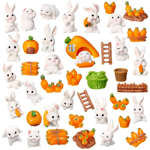 50 Pcs Easter Mini Rabbit and Carrot Figurines Resin Mini Bunny Figurines Sma...