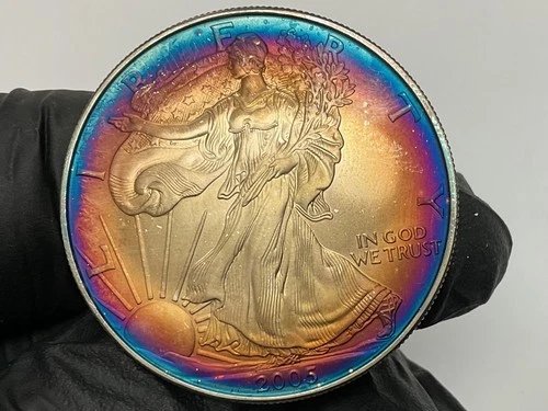 2005 American Silver Eagle 1oz MONSTER Bullseye 🎯 🌈 Toning Toned Toner Rainbow