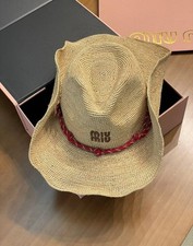 Miu Miu Women Natural Straw Cowboy Hat Red Knot Band Vacation Beach Hat